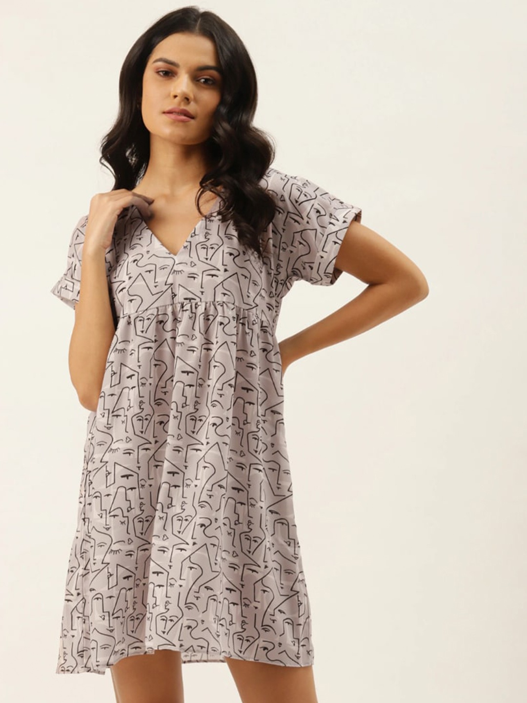 

DressBerry Grey Graphic Printed V-Neck A-Line Dress