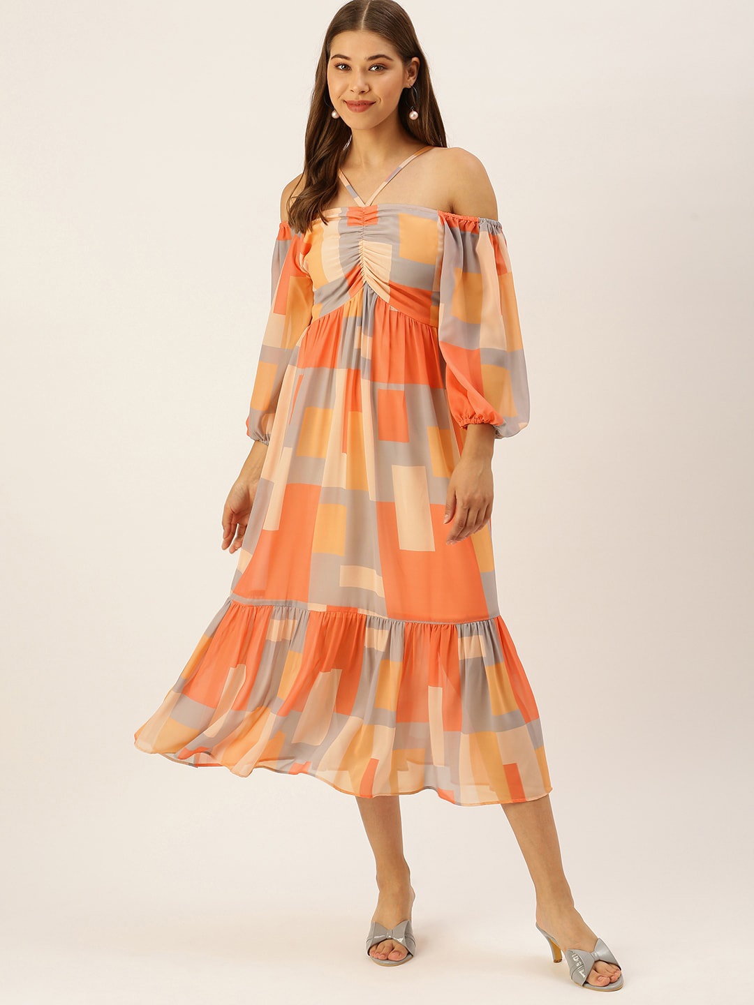 

DressBerry Peach-Coloured Geometric Printed Off-Shoulder Georgette Fit & Flare Midi Dress