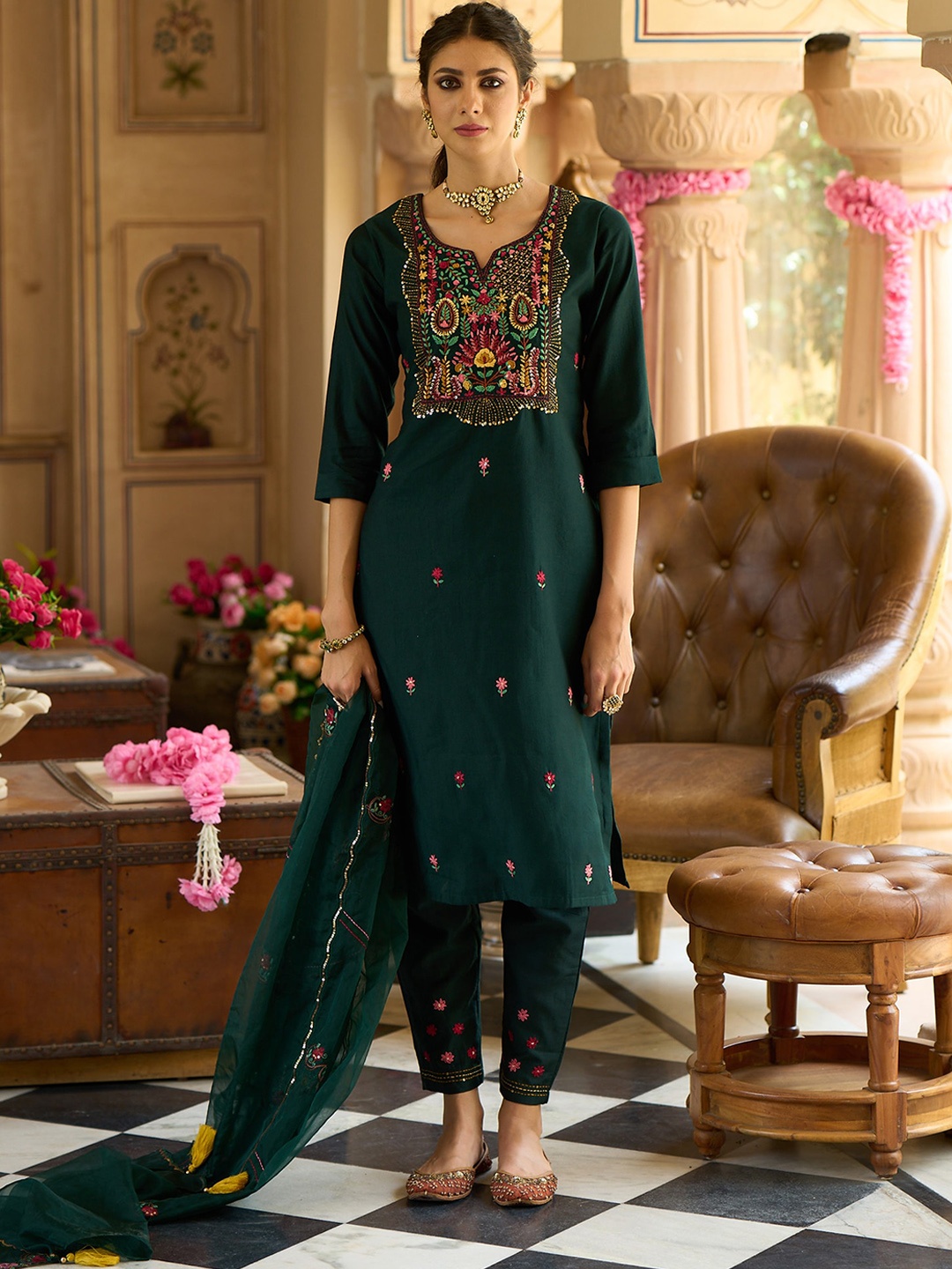 

Indo Era Women Green Ethnic Motifs Embroidered Regular Thread Work Kurta with Trousers & With Dupatta