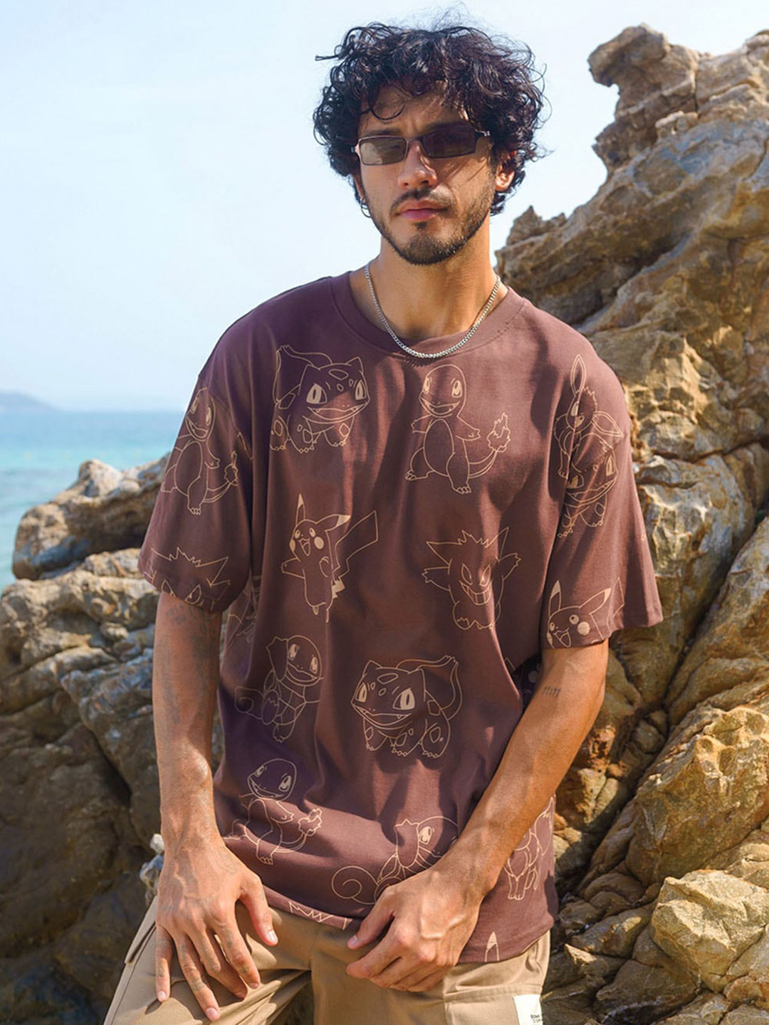 

Bonkers Corner Conversational Printed Drop Shoulder Sleeves Oversized Cotton T-Shirt, Brown