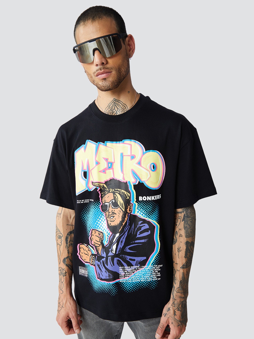 

Bonkers Corner Graphic Printed Drop Shoulder Sleeves Oversized Cotton T-Shirt, Black