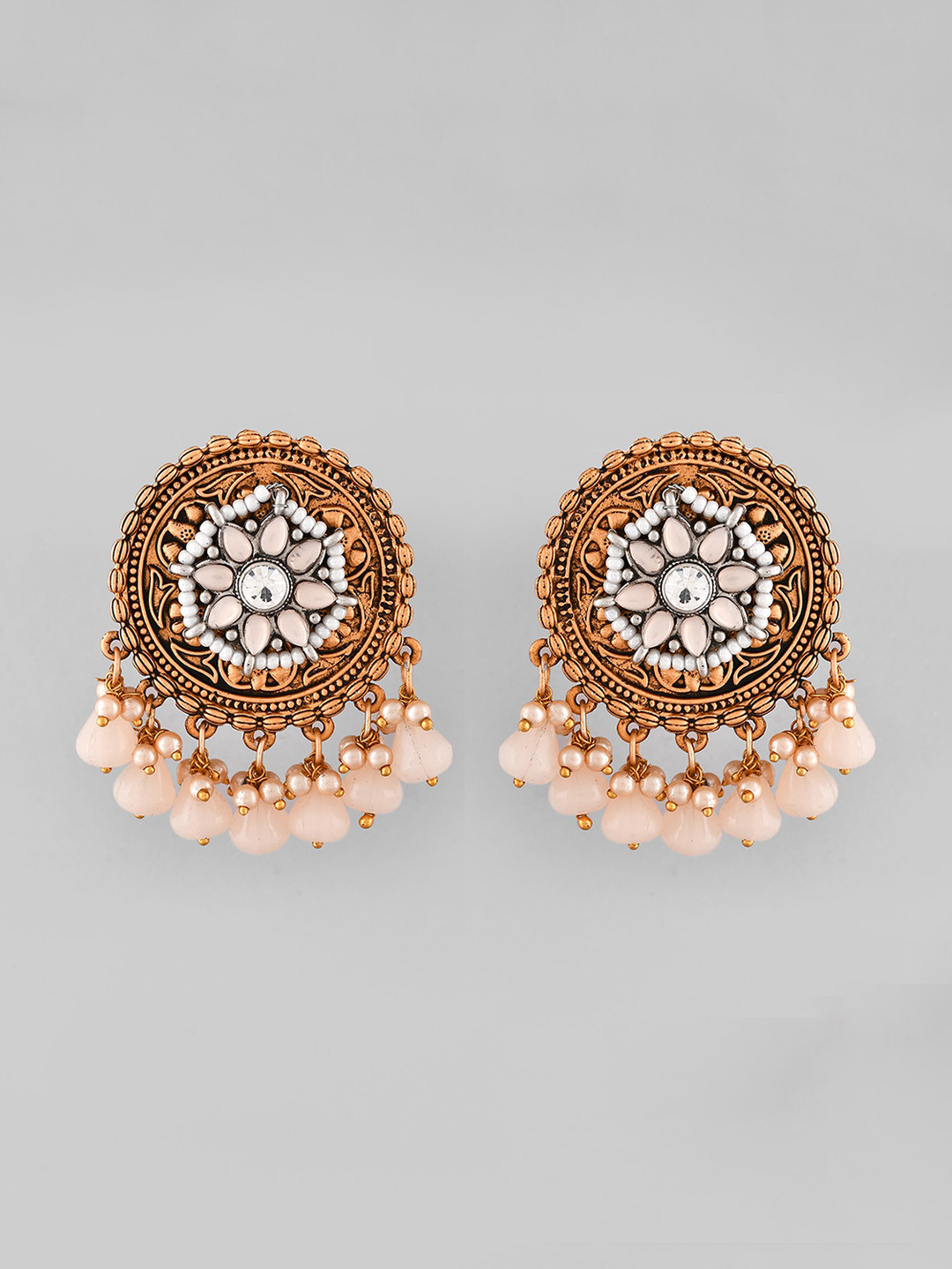 

AQUASTREET Gold-Plated Circular Shaped Stone Studded Antique Drop Earrings
