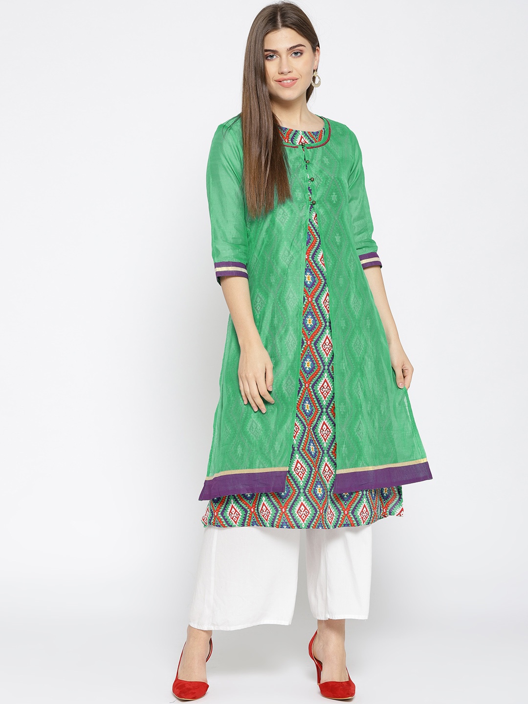 

Anahi Women Green & Purple Printed Layered A-Line Kurta