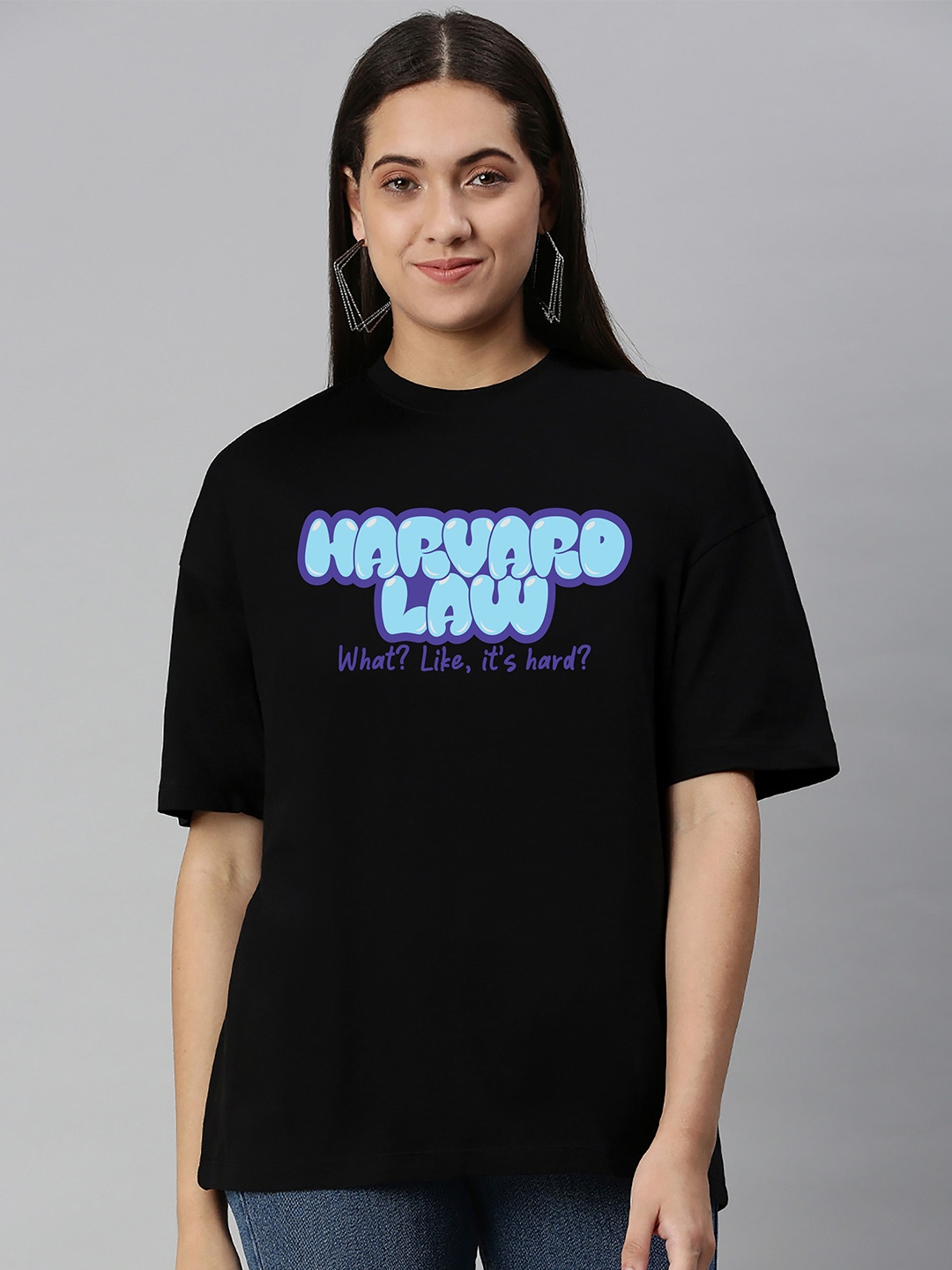 

Harvard Typography Printed Drop-Shoulder Oversized Pure Cotton T-shirt, Black