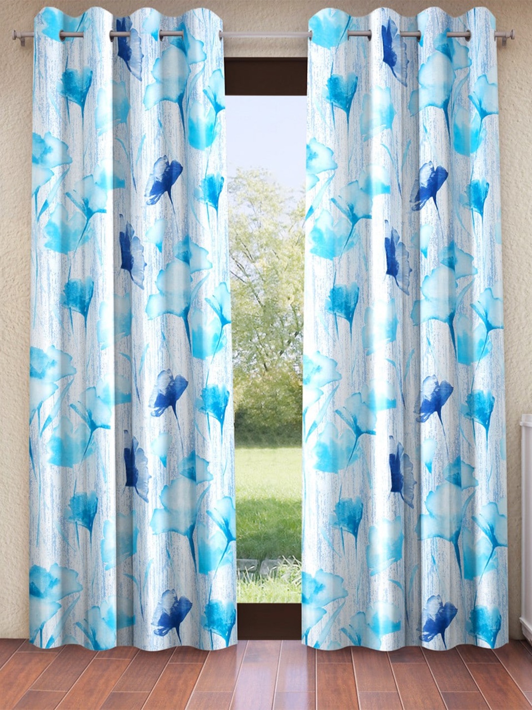 

Home Sizzler Blue & White 2 Pieces Floral Window Curtains