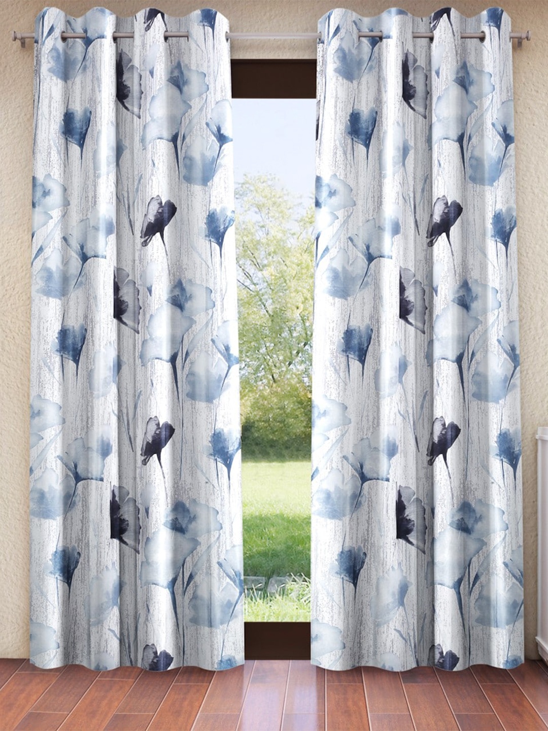 Home Sizzler Grey & White 2 Pieces Floral Door Curtains