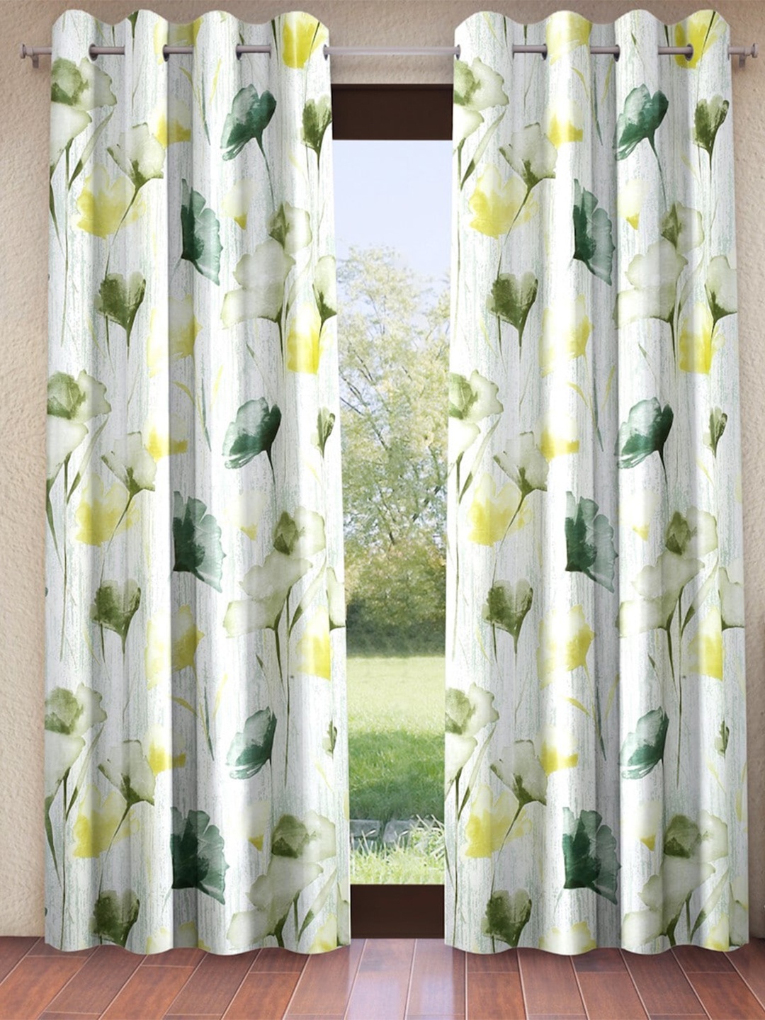 

Home Sizzler Green & White 2 Pieces Floral Window Curtains