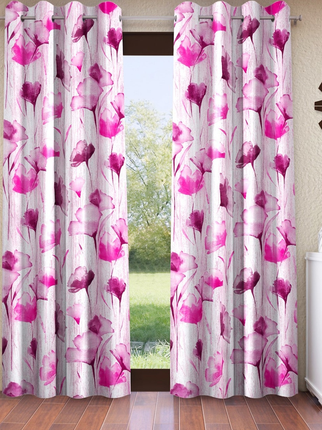Home Sizzler Purple & White 2 Pieces Floral Long Door Curtains