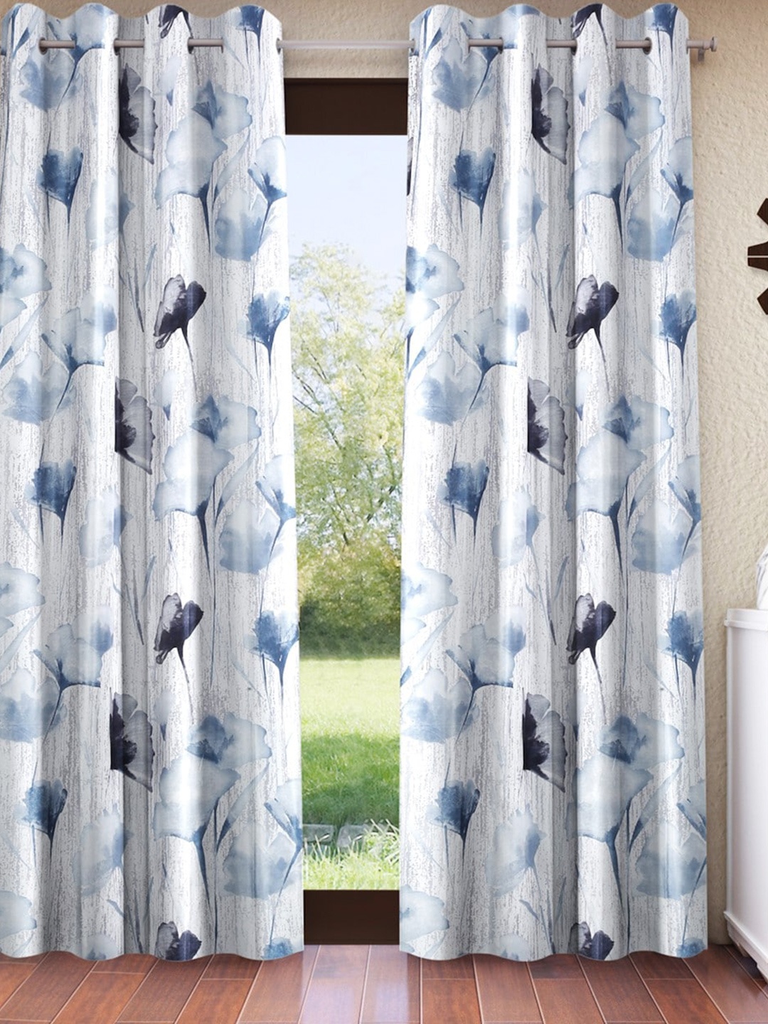 Home Sizzler Grey & White 2 Pieces Floral Long Door Curtains
