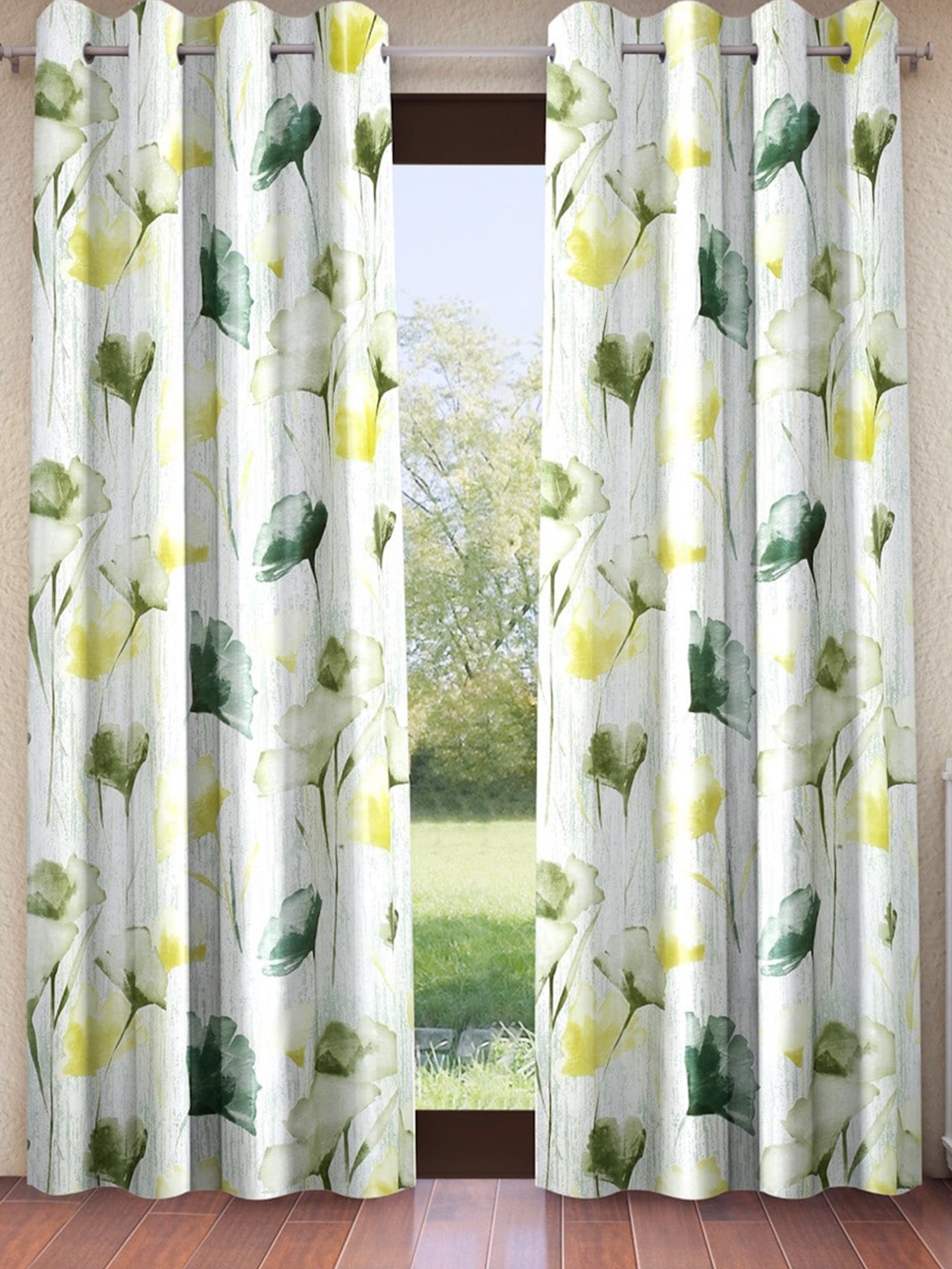 

Home Sizzler Green & White 2 Pieces Floral Long Door Curtains
