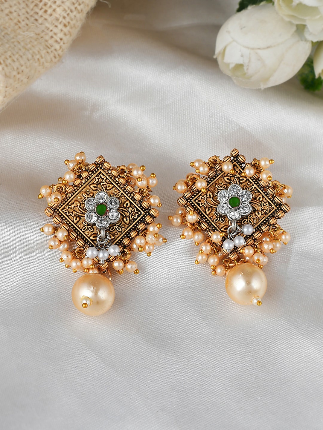 

AQUASTREET Gold-Plated Diamond Shaped Beaded Antique Drop Earrings