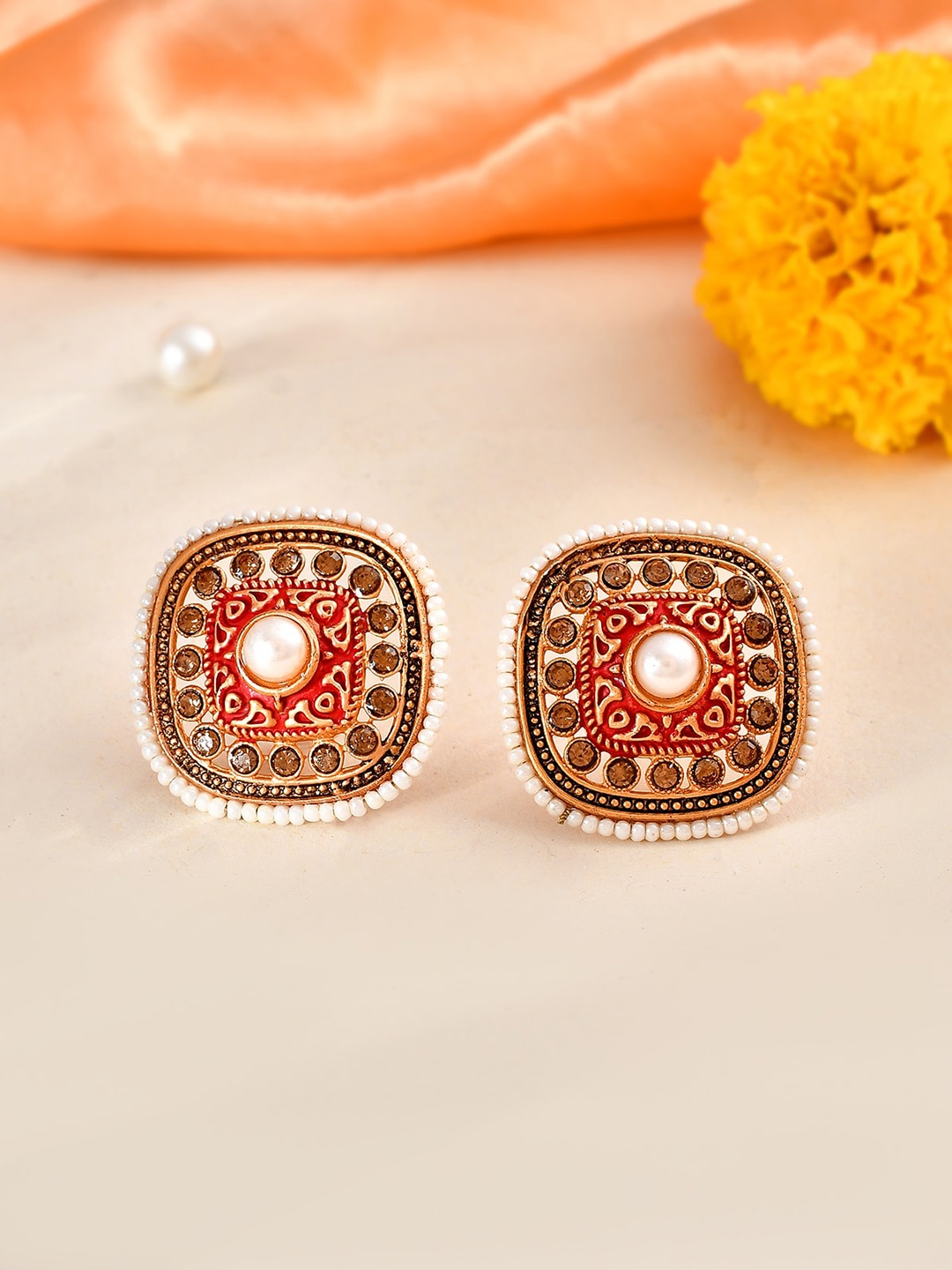 

AQUASTREET Gold-Plated Beaded Square Meenakari Studs Traditional Earrings