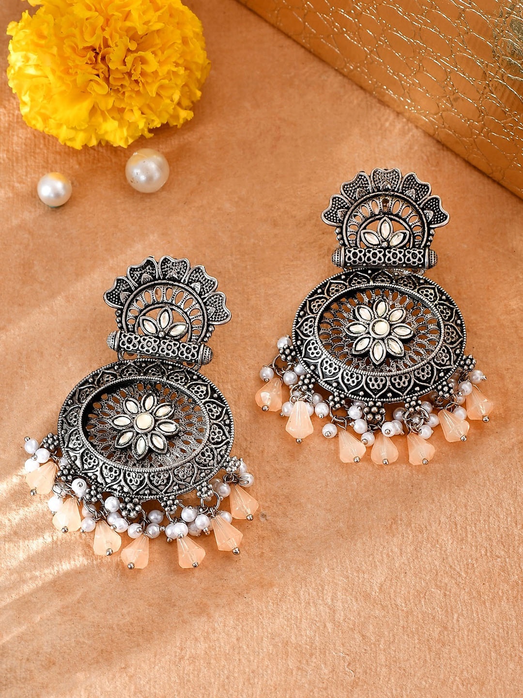 

AQUASTREET Silver-Plated Geometric Chandbali Earrings