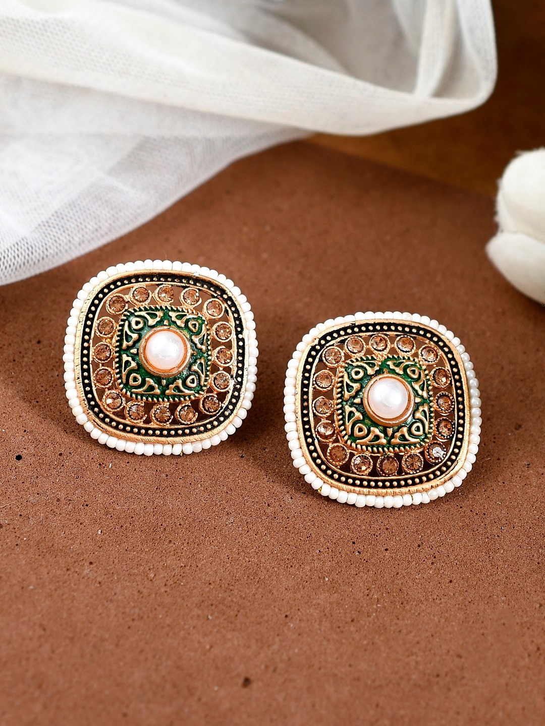 

AQUASTREET Gold-Plated Beaded Square Meenakari Studs Traditional Earrings