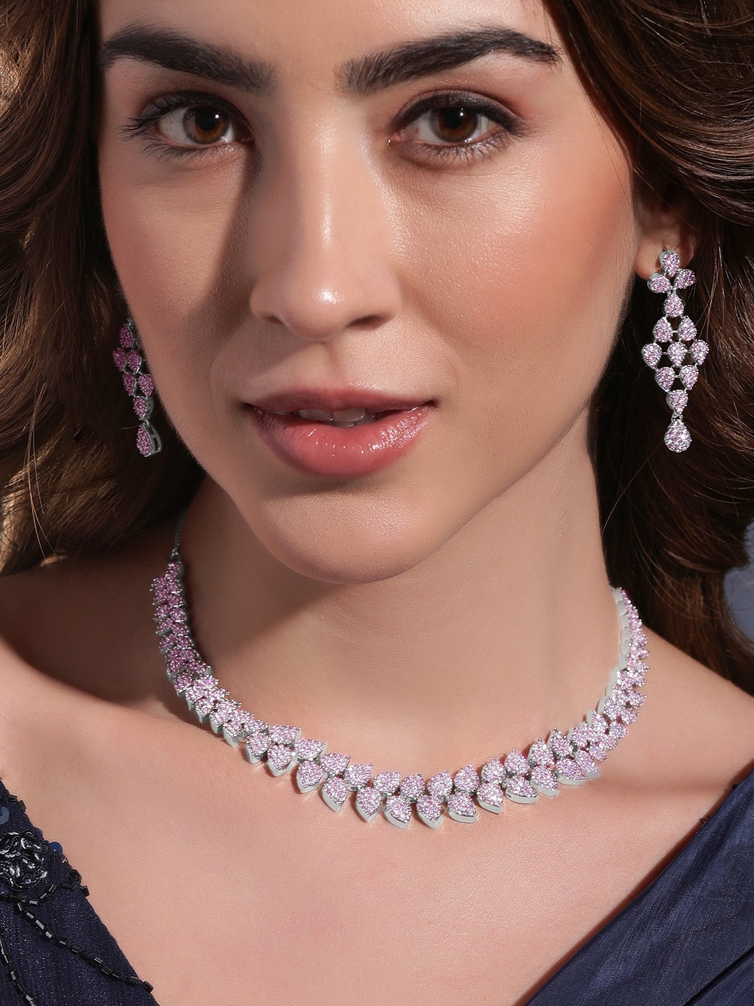 

Rubans Rhodium-Plated CZ-Studded Jewellery Set, Silver