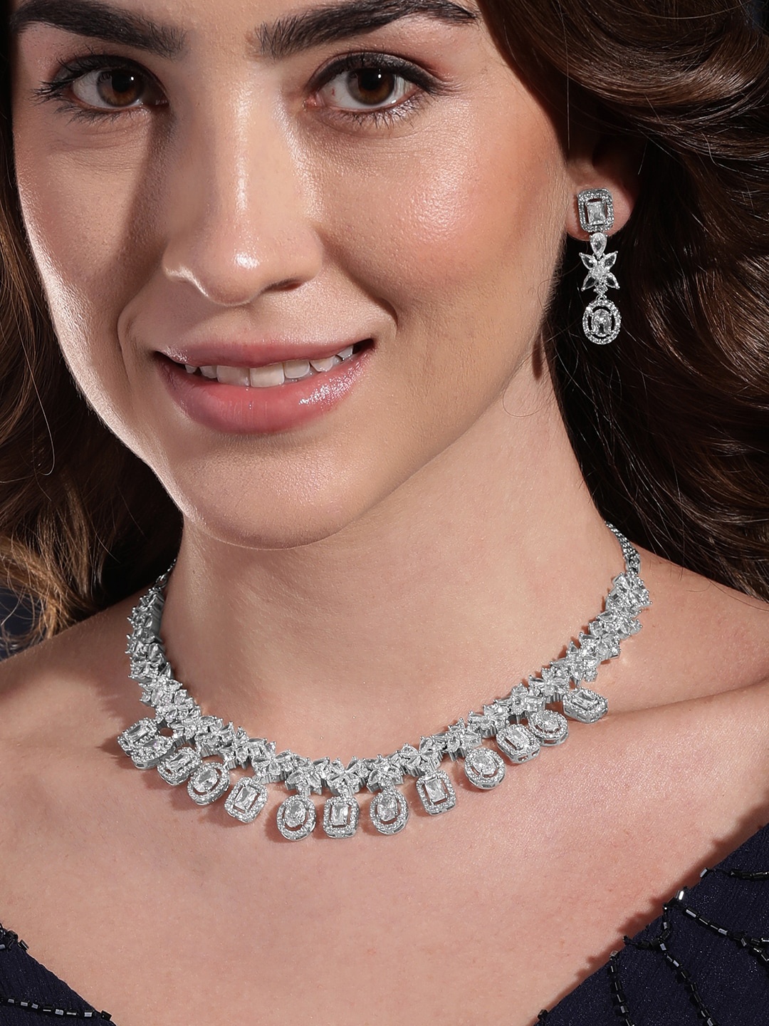 

Rubans Rhodium-Plated CZ-Studded Jewellery Set, Silver