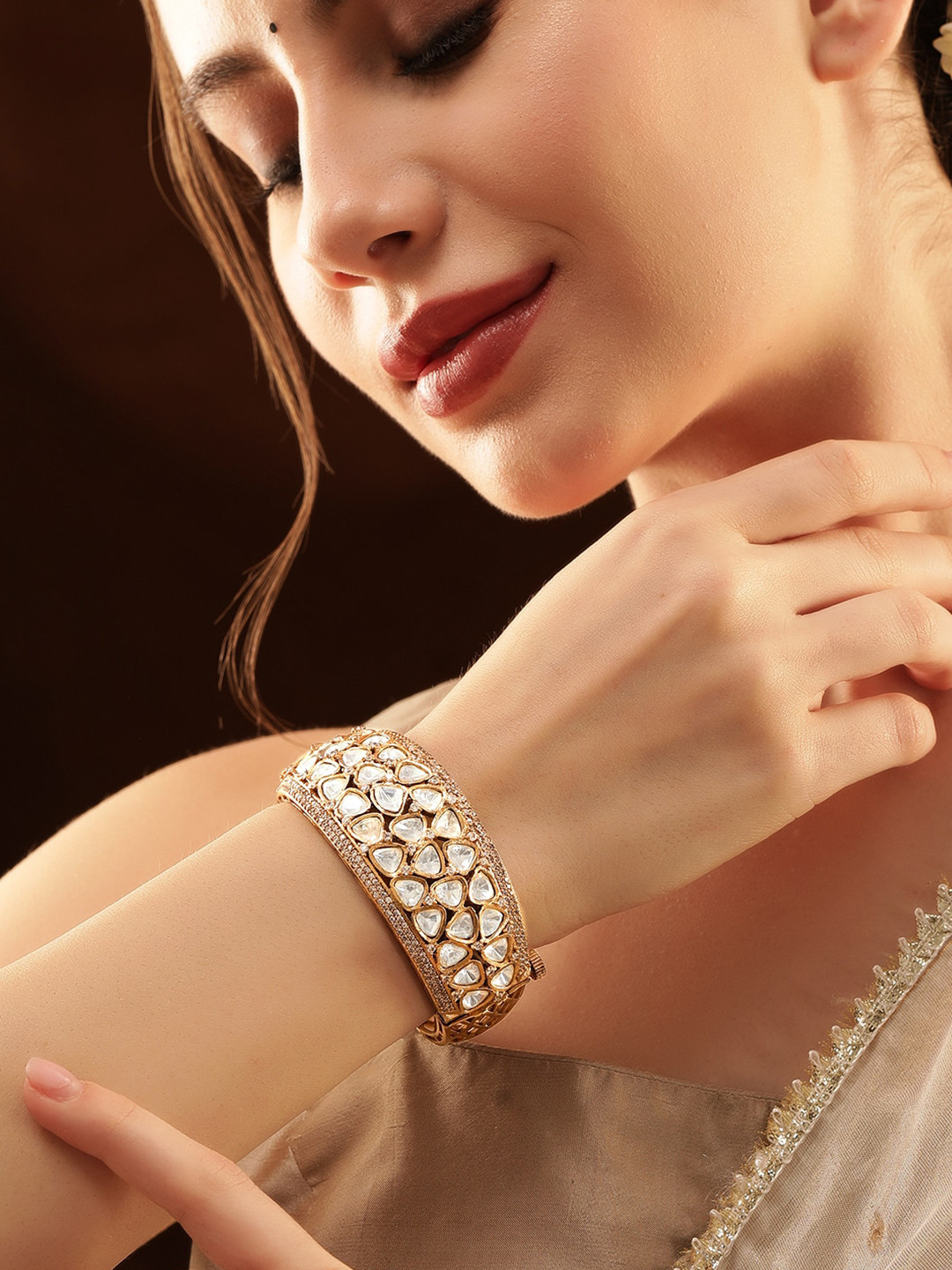 

Rubans Cubic Zirconia Gold-Plated Bangle-Style Bracelet