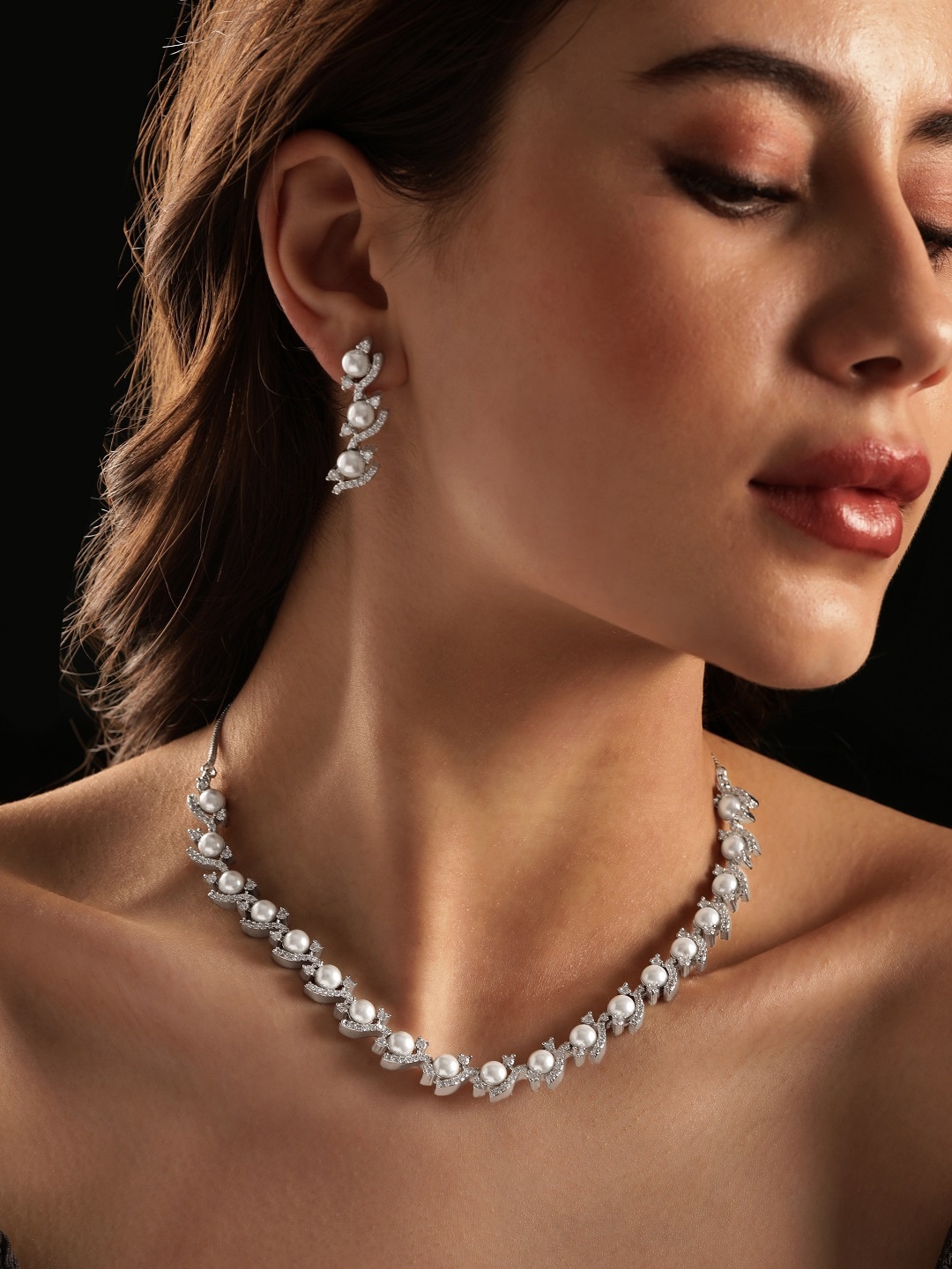 

Rubans Rhodium-Plated CZ-Studded Jewellery Set, Silver