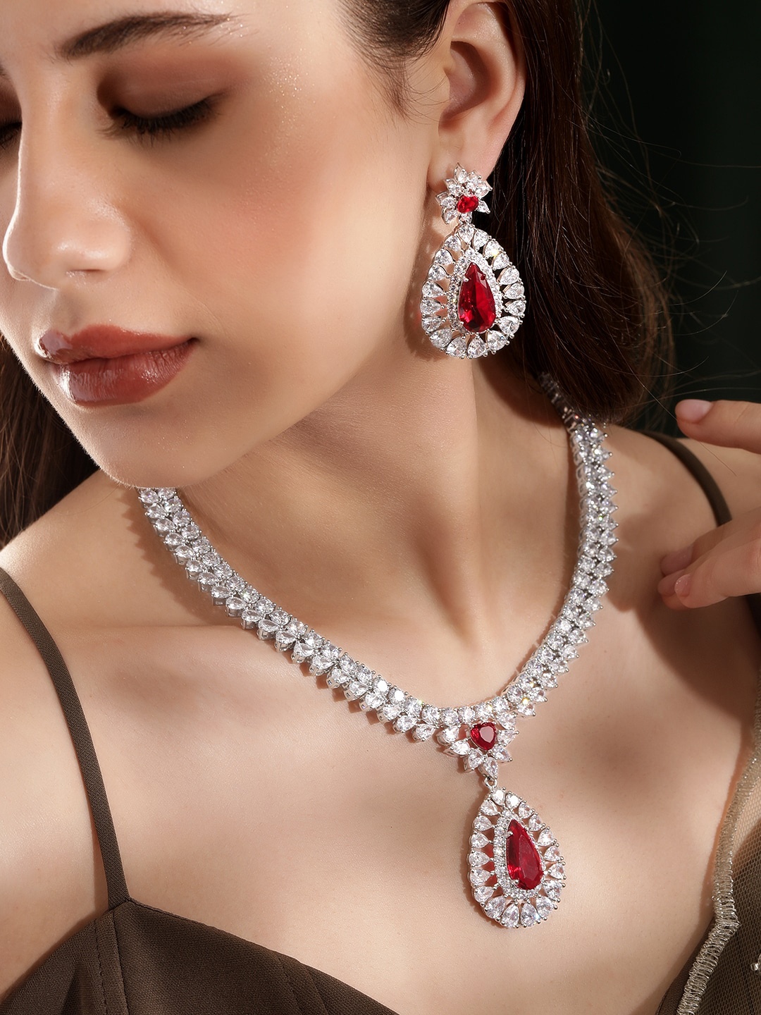 

Rubans Rhodium-Plated with Ruby Red Stones and AAA Cubic Zirconia Studded Jewellery Set, Silver