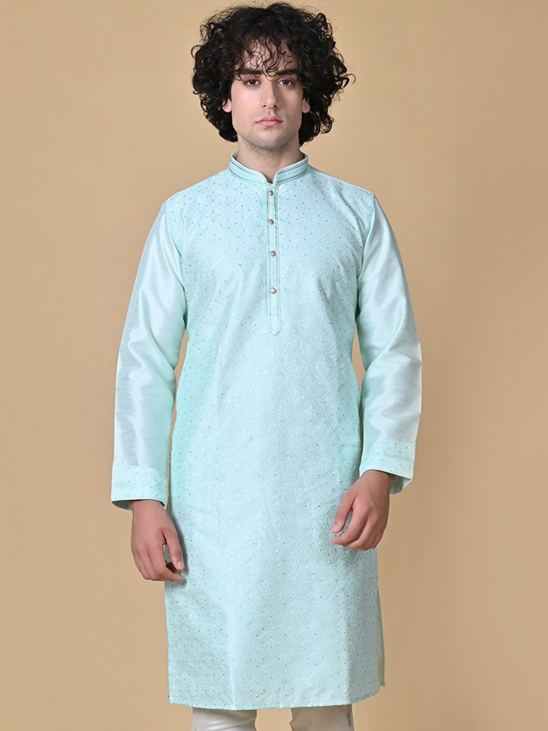 

MAAHI FABS Men Blue Ethnic Motifs Embroidered Regular Sequinned Kurta with Pyjamas