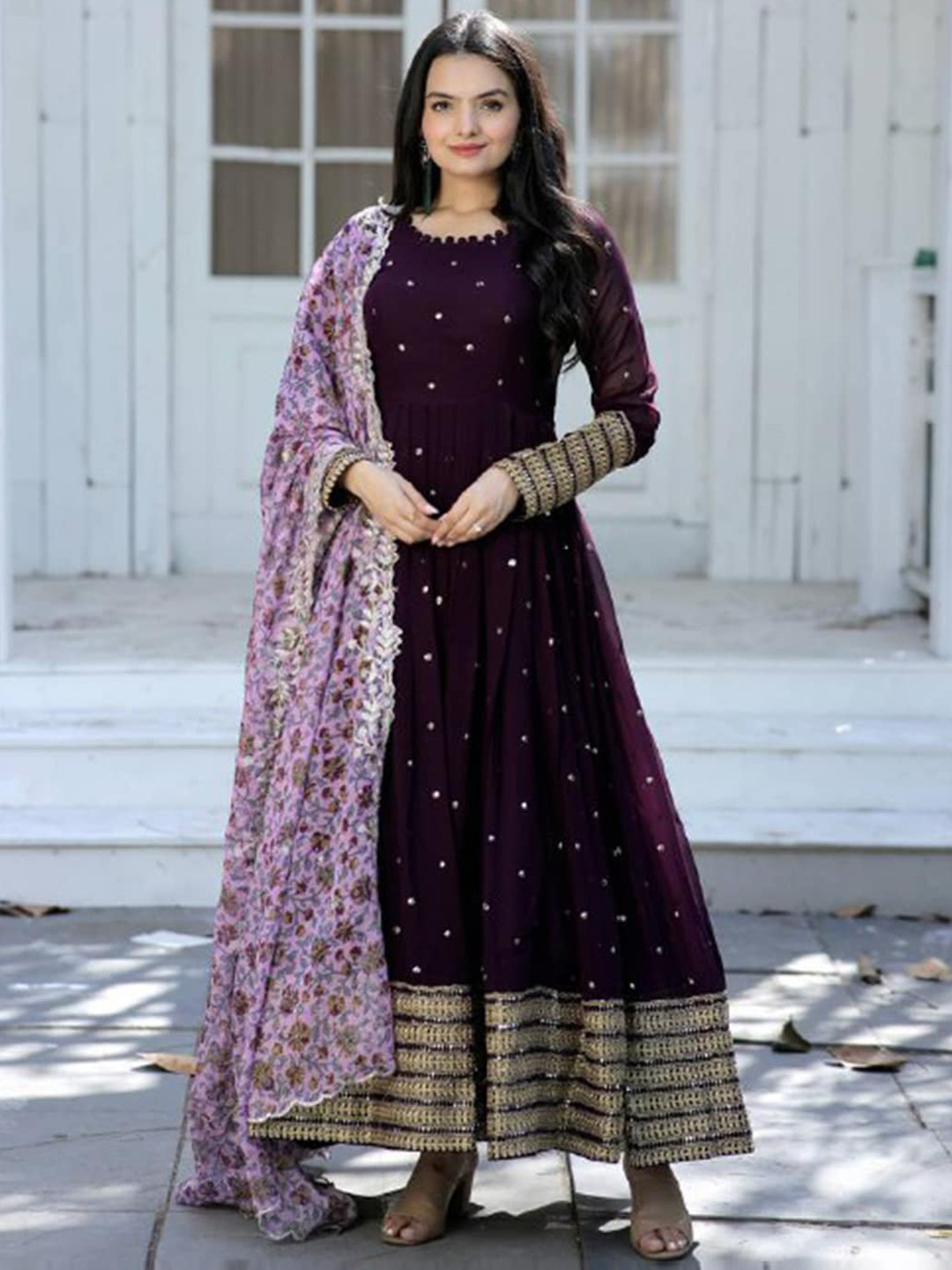 

Fusionic Embroidered Georgette Ethnic Gown With Dupatta, Purple