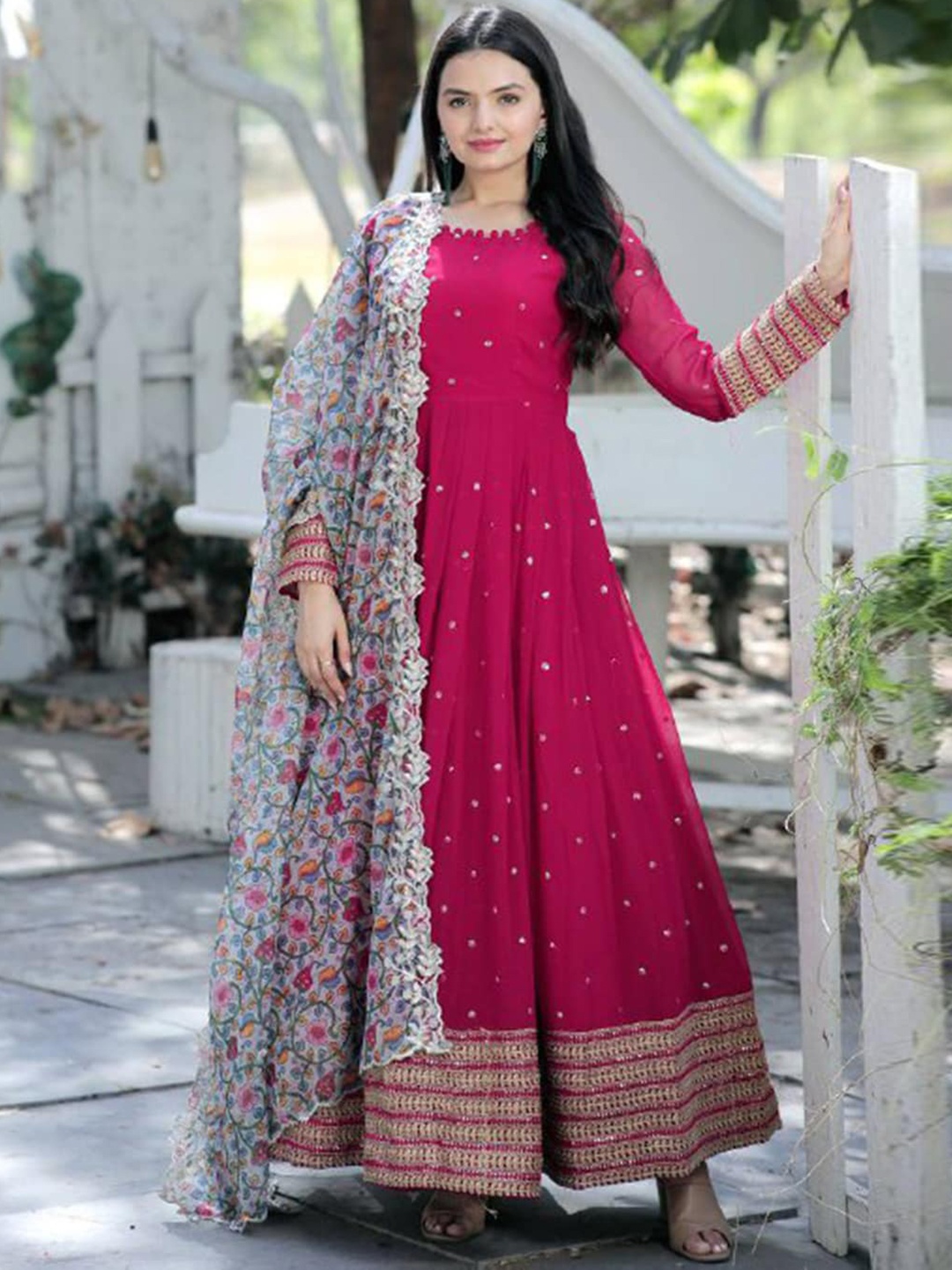 

Fusionic Ethnic Motifs Embroidered Georgette Ethnic Gown With Dupatta, Pink