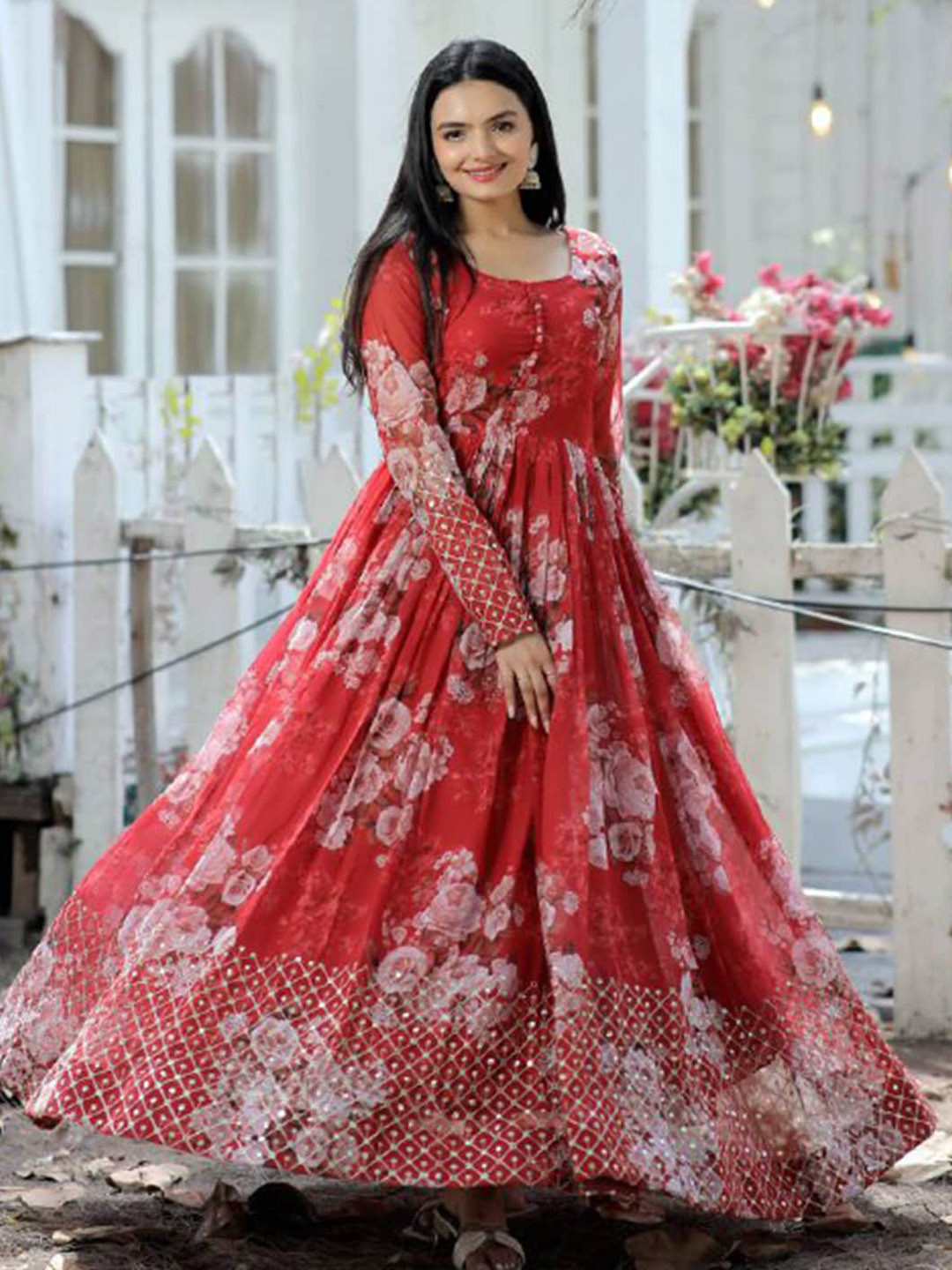 

Fusionic Floral Printed & Embroidered Georgette Ethnic Gown, Red