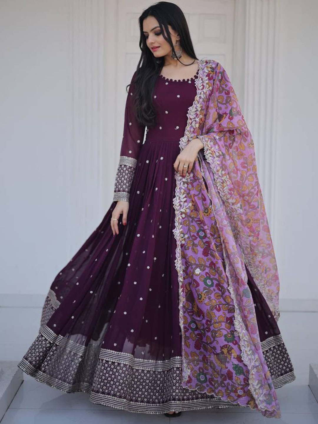 

Fusionic Ethnic Motifs Embroidered Georgette Ethnic Gown With Dupatta, Purple