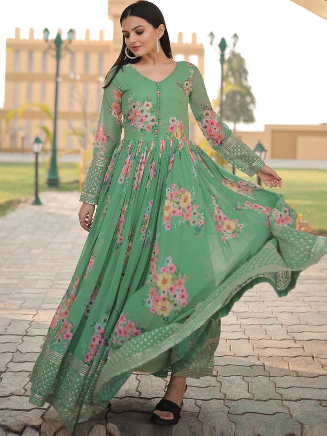 

Fusionic Floral Printed & Embroidered Georgette Ethnic Gown, Green