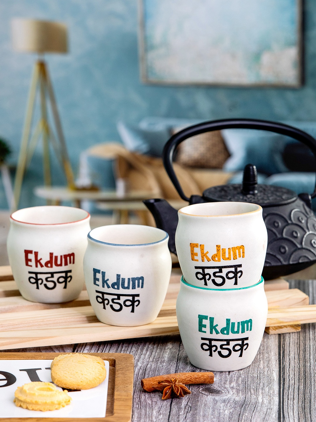

GOODHOMES White & Navy Blue 4 Pcs Printed Stoneware Glossy Kulladhs - 180 ML Each