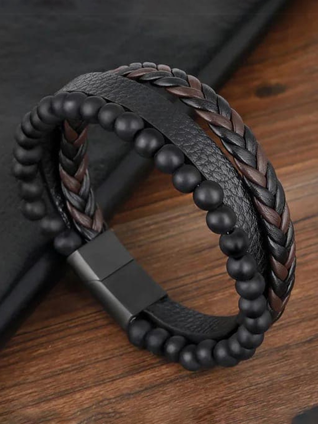

VIEN Men Leather Cuff Bracelet, Black