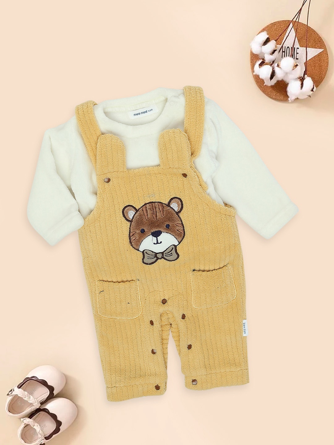 

MeeMee Infants Teddy Bear-Embroidered Dungaree With T-Shirt, Mustard