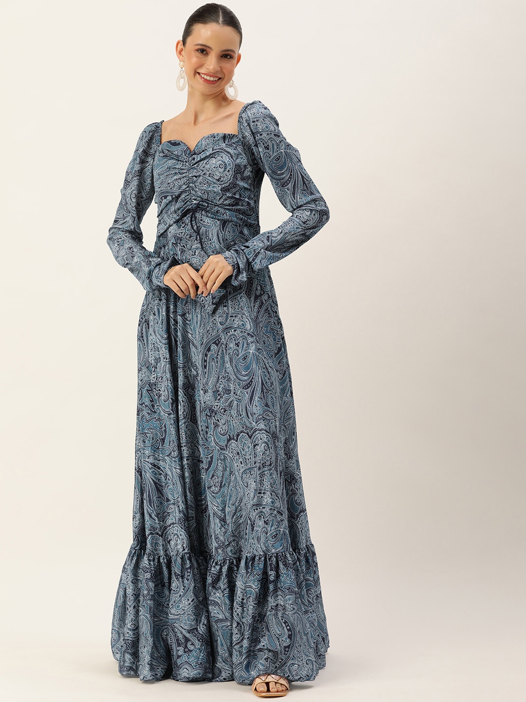 

Ethnovog Ethnic Motifs Printed Ruched Effect Empire Maxi Dress, Blue