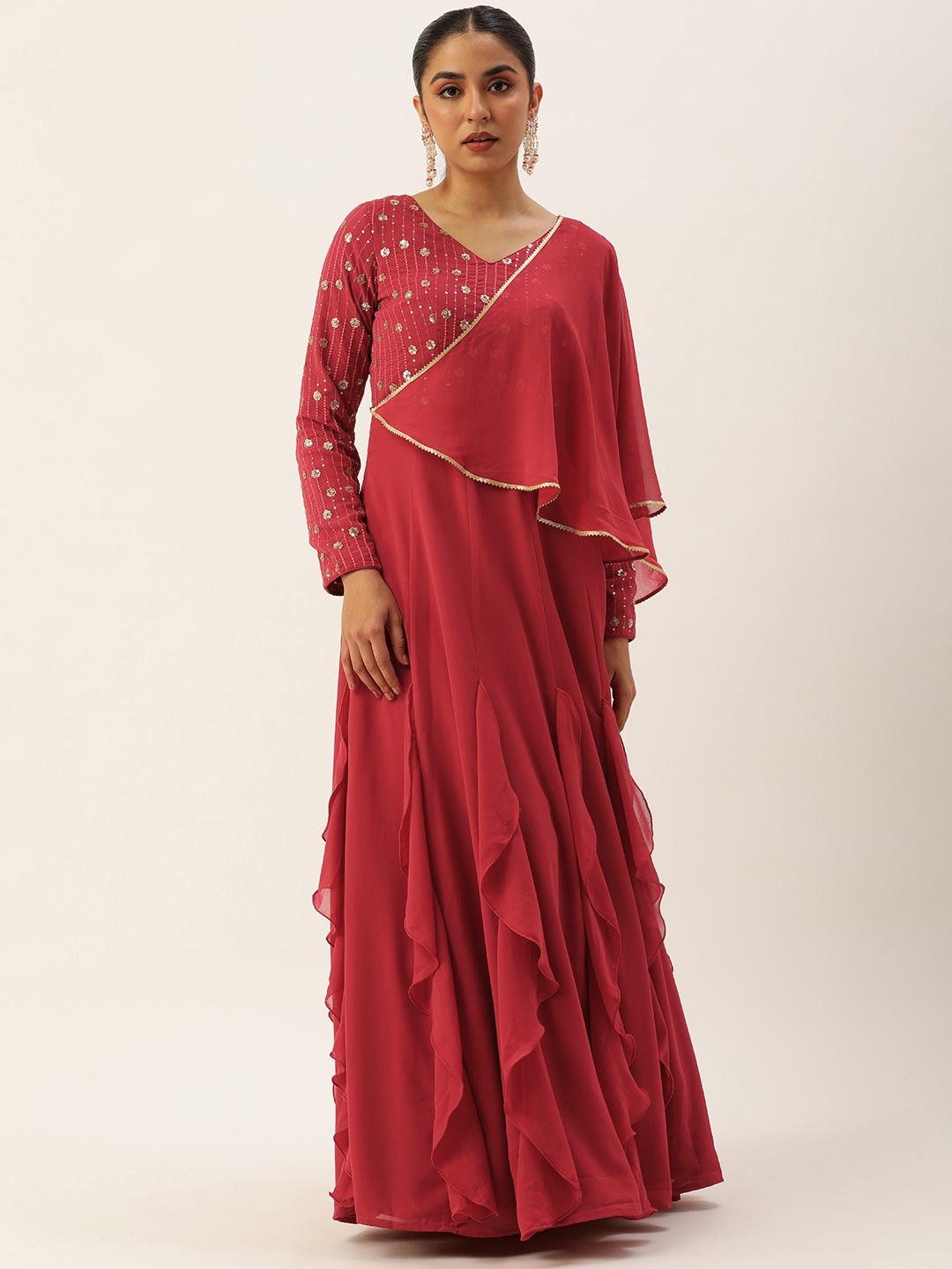 

Ethnovog Embellished Embroidered Sequined Gown Ethnic Dress, Red