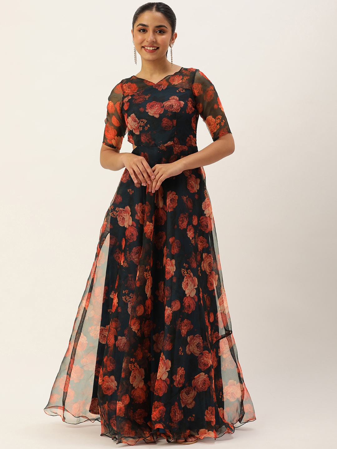 

Ethnovog Floral Printed Cut-Out Detail Maxi Fit & Flare Organza Dress, Black