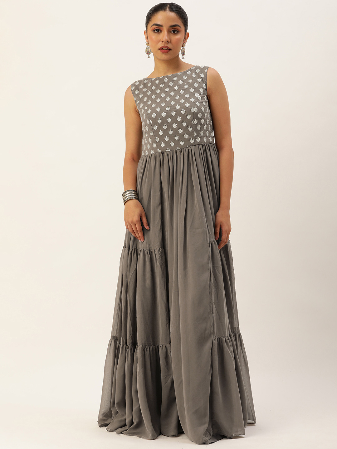 

Ethnovog Embellished Embroidered Gathered Gown Ethnic Dress, Grey