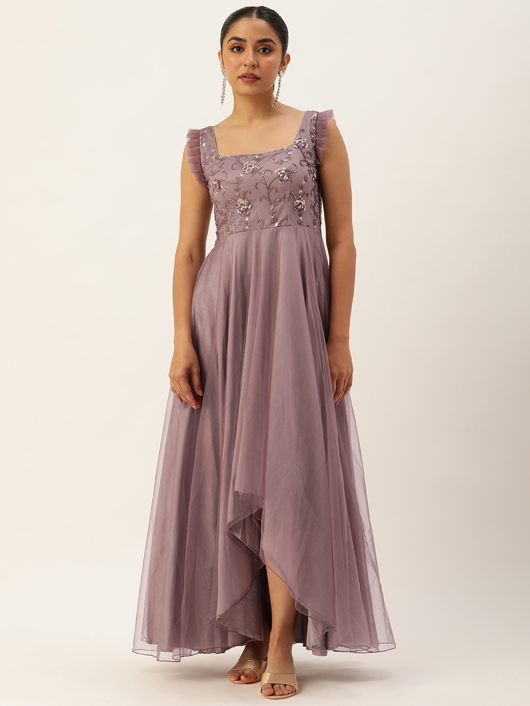 

Ethnovog Floral Embellished Sequinned & Ruffled Detail Net Fit & Flare Maxi Dress, Mauve