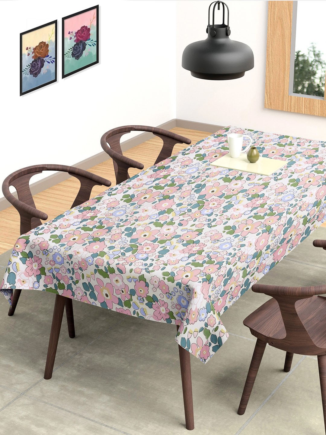 

FABINALIV Off-white & Pink Floral Printed 6 Seater Table Cover