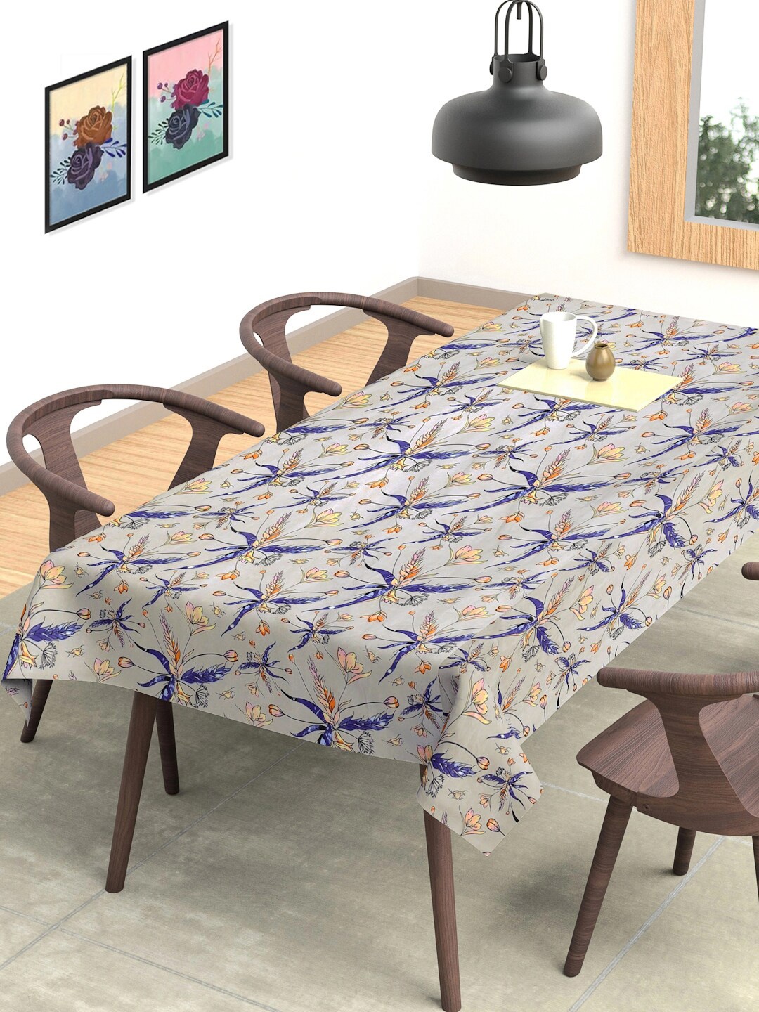 

FABINALIV White & Blue Floral Printed 6 Seater Table Cover