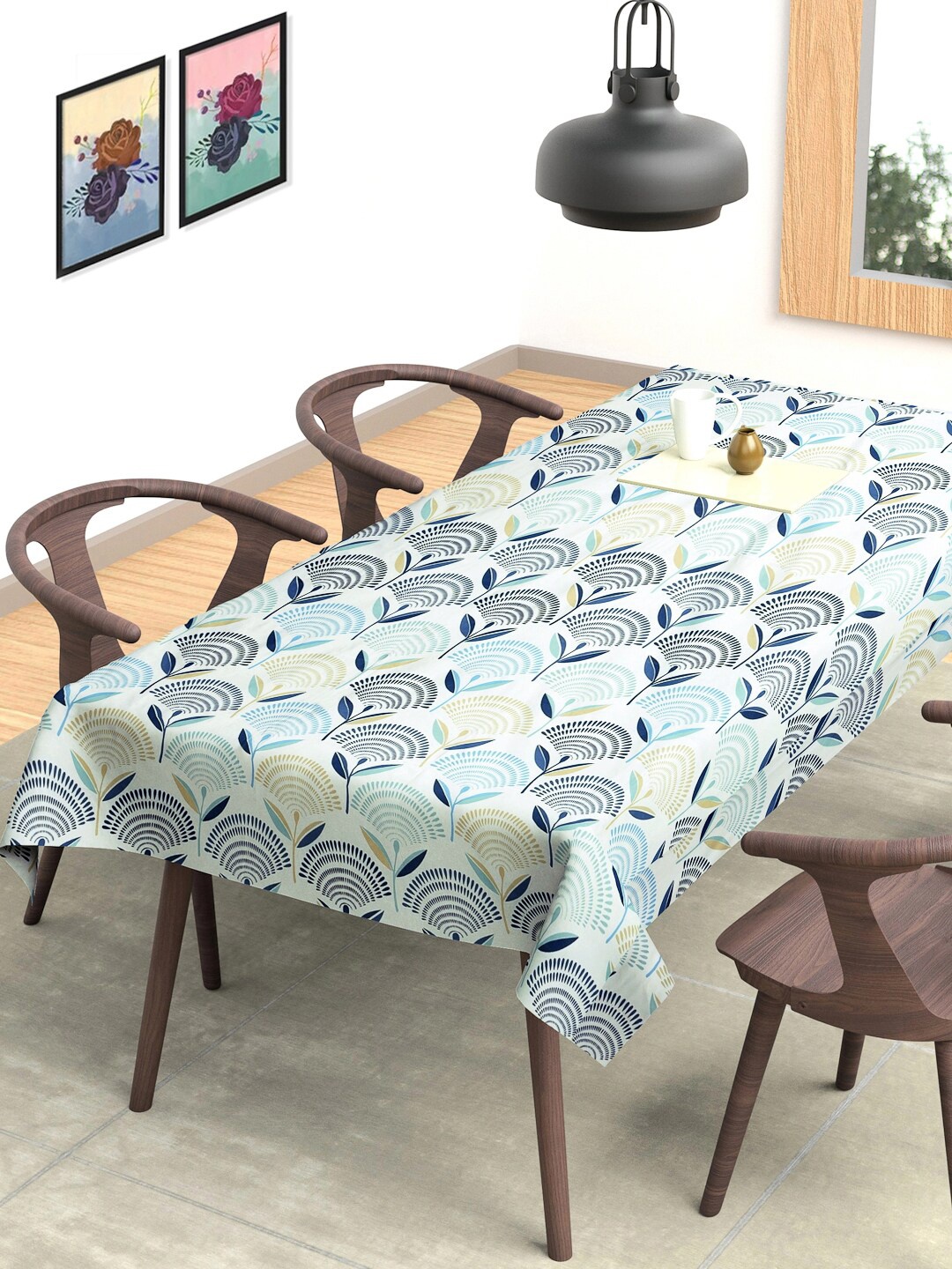 

FABINALIV White & Blue Floral Printed 6 Seater Table Cover