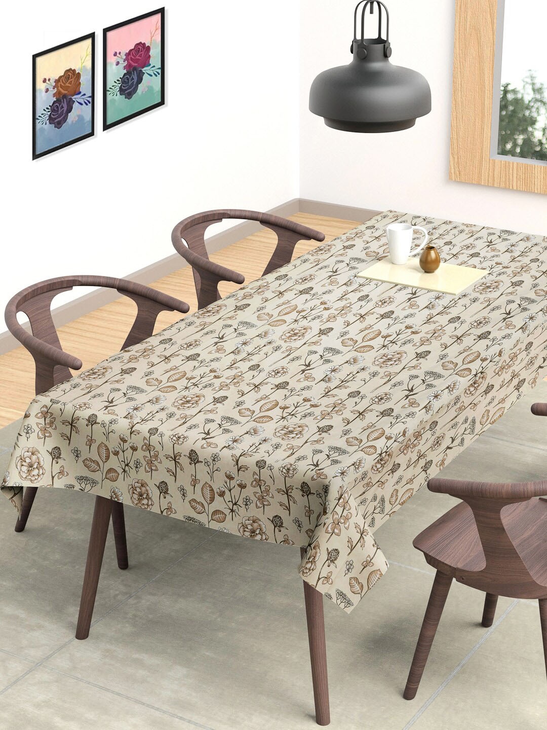 

FABINALIV Beige & Brown Floral Printed 6 Seater Table Cover
