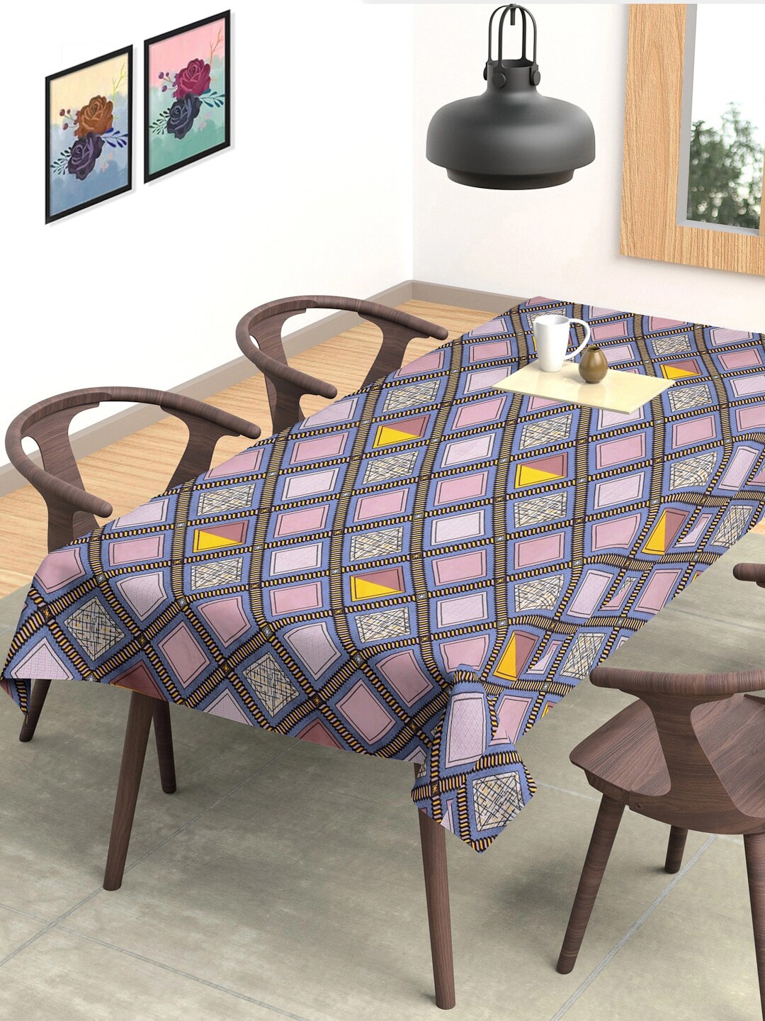 FABINALIV Blue & White Floral Printed 6 Seater Table Cover