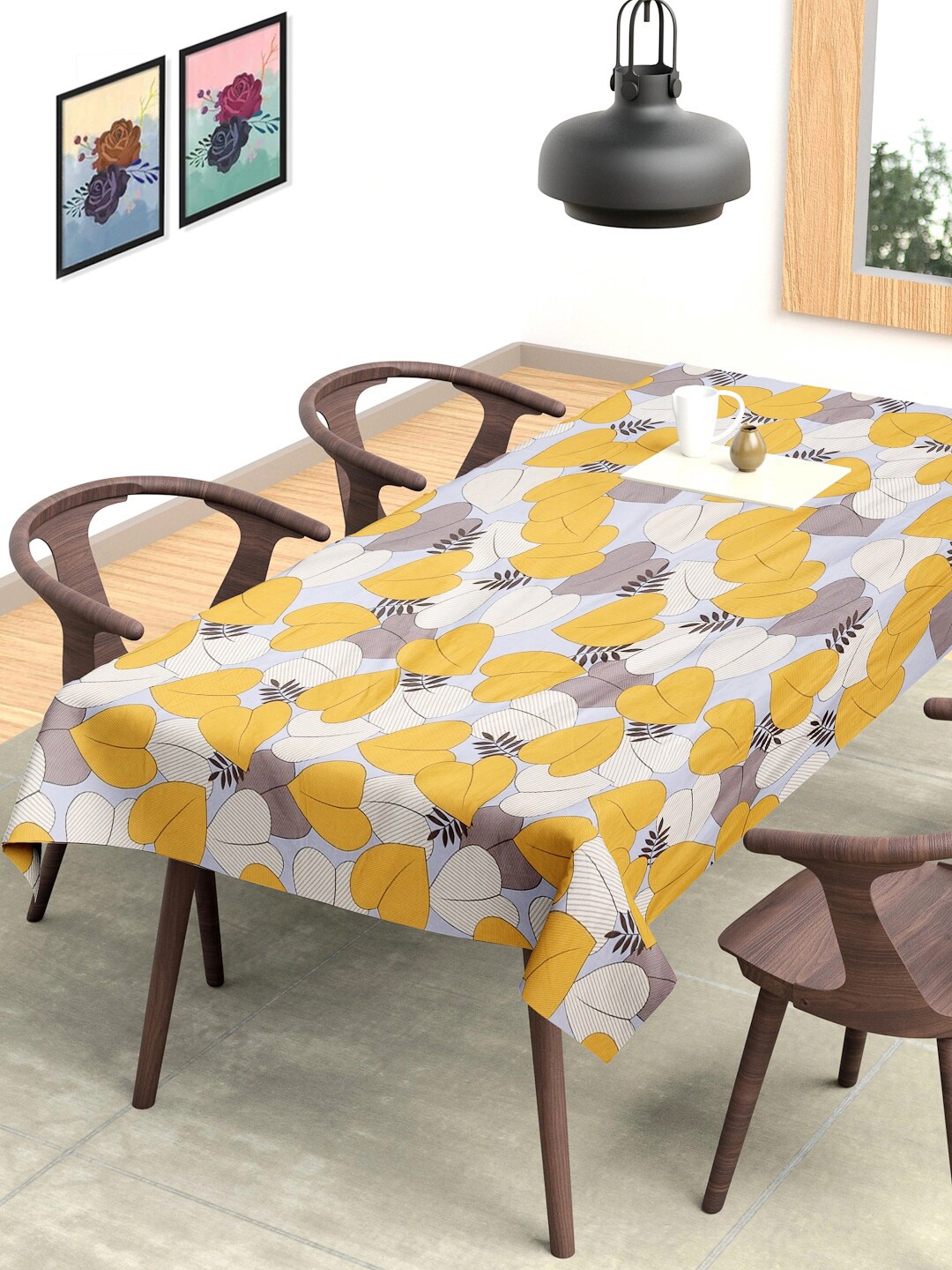 

FABINALIV White & Yellow Floral Printed 6 Seater Table Cover