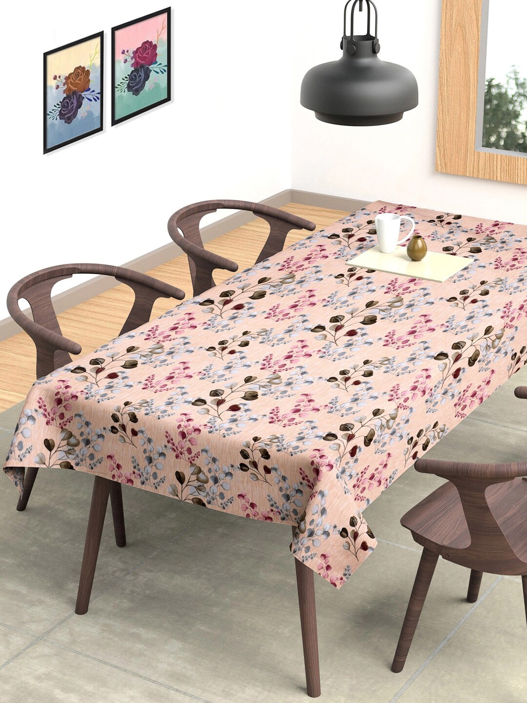 FABINALIV Beige & Blue Floral Printed 6 Seater Table Cover