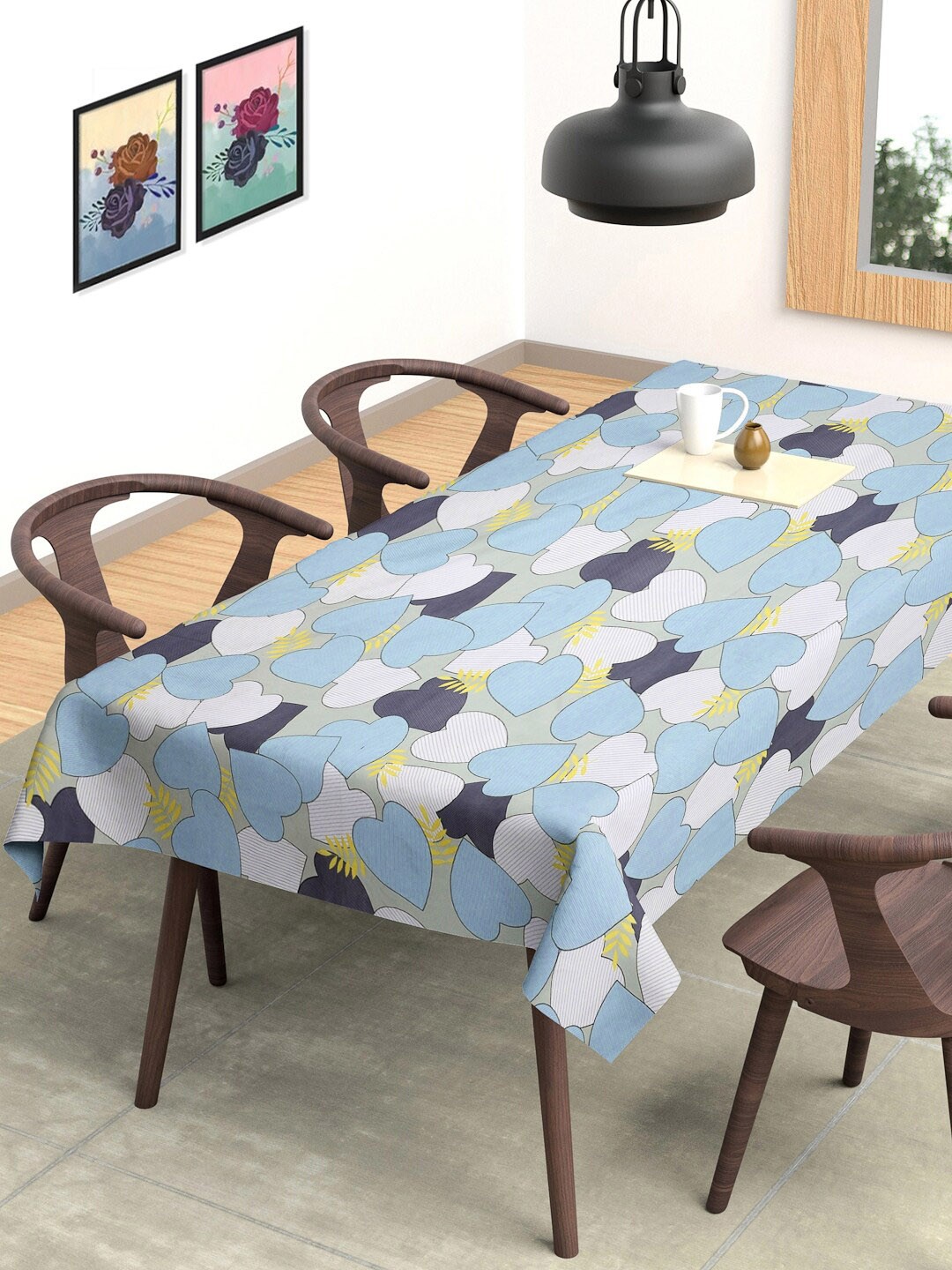 

FABINALIV White & Blue Floral Printed 6 Seater Table Cover, Off white