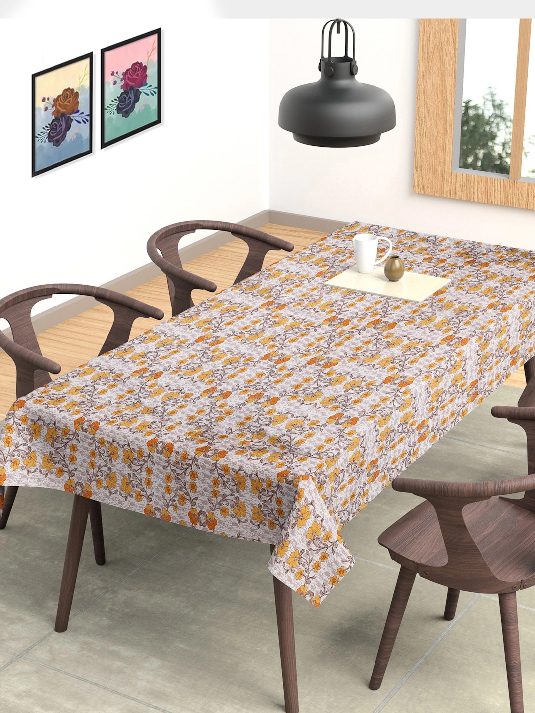 

FABINALIV Beige & Yellow Floral Printed 6 Seater Table Cover