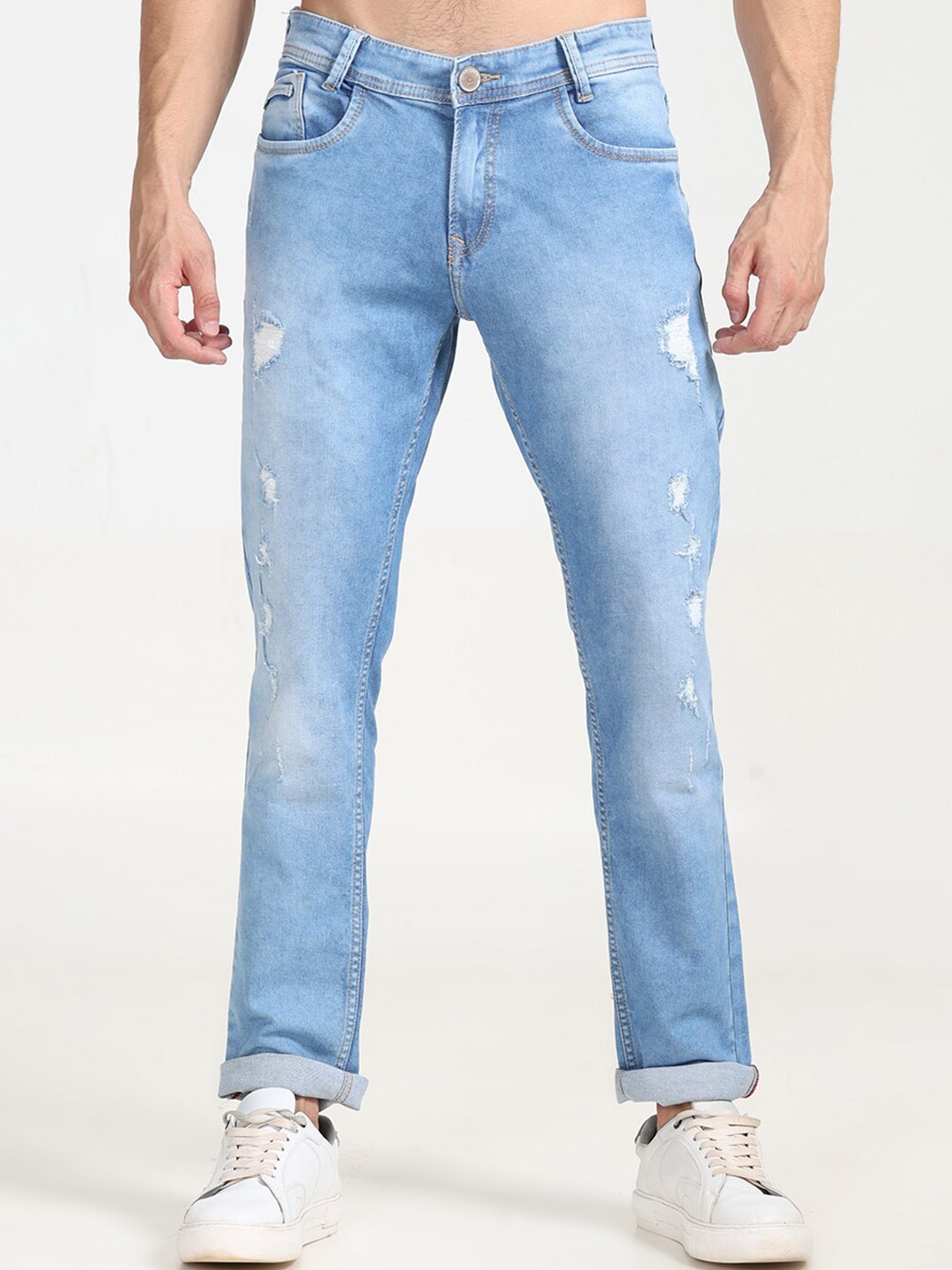 

Jean Cafe Men Jean Mildly Distressed Slim Fit Light Fade Pure Cotton Jeans, Blue