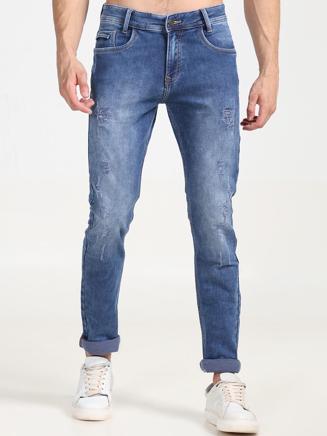 

Jean Cafe Men Jean Slim Fit Mildly Distressed Light Fade Cotton Jeans, Blue