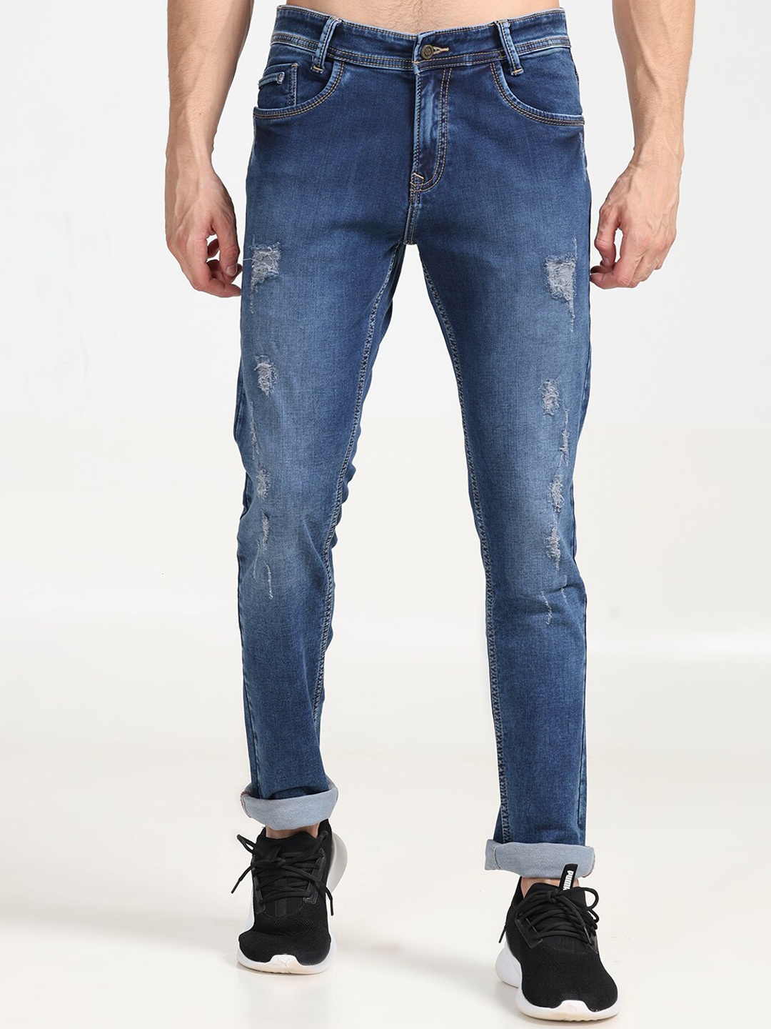 

Jean Cafe Men Jean Mildly Distressed Slim Fit Light Fade Pure Cotton Jeans, Blue