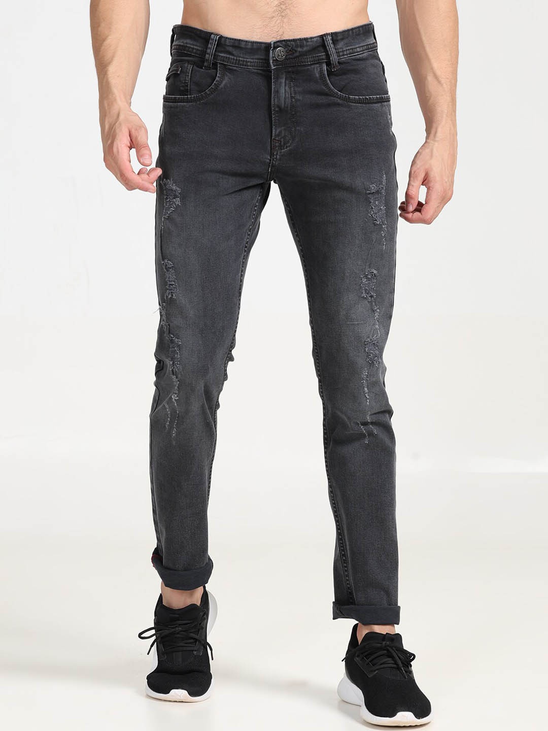 

Jean Cafe Men Jean Mildly Distressed Slim Fit Light Fade Pure Cotton Jeans, Grey
